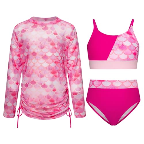 GRACE KARIN Sommer Badeanzug für Mädchen Kinder Badeanzüge Bikini Set 3-teilig Surf Strand Bademode Rosarote Fischschuppen 8 Jahre von GRACE KARIN