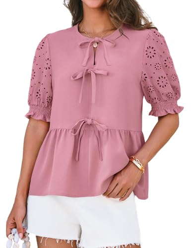 GRACE KARIN Damen Bluse Sommer Leicht Puffärmel Kurzärm Pullover Rundhalls Oberteile T-Shirts Bohemia Tunika Tops Rosa M von GRACE KARIN