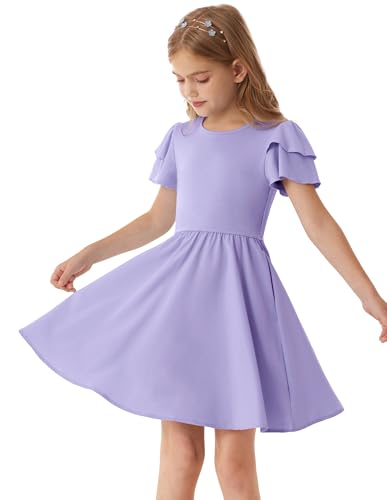 GRACE KARIN Sommer Freizeit Alltagskleid für Mädchen Kinder Elegantes A-Linie Midi Kleid Kurze Ärmel Violett 7-8 Jahre von GRACE KARIN