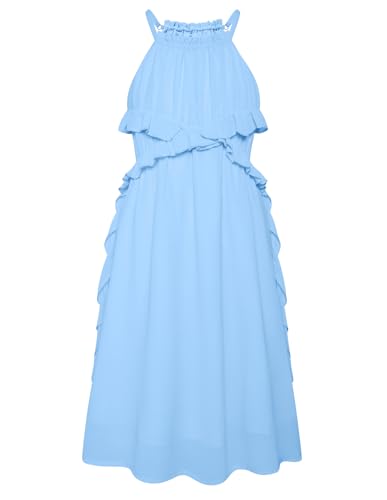 GRACE KARIN Sommer Mädchen Kleider Neckholder Kleid A-Linie Freizeitkleid Lotusblatt Dekoration Kleid Hellblau 8 Jahre von GRACE KARIN