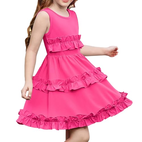 GRACE KARIN Sommer Mädchenkleid Ärmellos A-Linie Pinzessinenkleid mit Rüschen Freizeitkleid Rosarot 7 Jahre von GRACE KARIN
