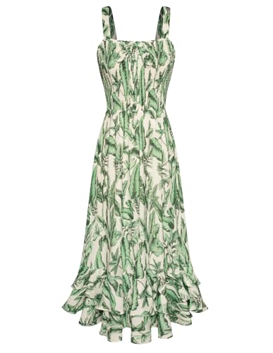 GRACE KARIN Sommer Outfits Damen Blumenkleid Freizeitkleid Trägerkleid Böhmisch Wickelkleid Boho Kleid S Beige Grüne Blätter von GRACE KARIN