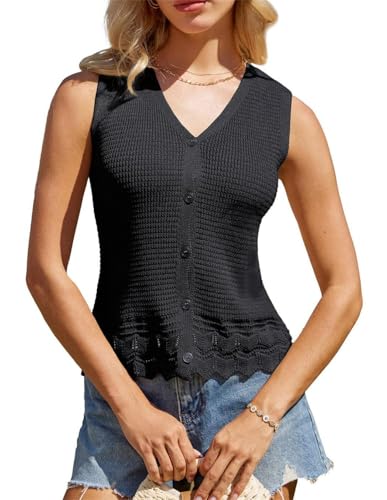 GRACE KARIN Sommer Tank Tops Damen Elegant Ärmellos Knitted Basic mit Knopfleiste Sweater Shirt für Urlaub Schwarz XL von GRACE KARIN
