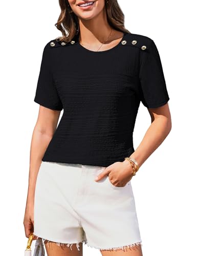 GRACE KARIN Sommer Tops für Damen Lässig Kurzärmlig Rundhalsausschnitt Oberteile mit Knopfverzierung den Schultern Hemden Outing Tops Schwarz M von GRACE KARIN