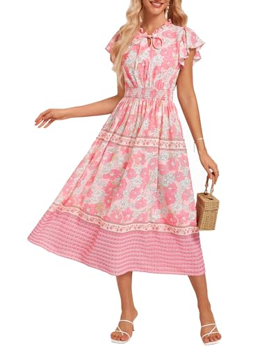 GRACE KARIN Sommerkleid Damen Casual Rundhals Kurzarm Blumenkleid High Waist A-Linie Strandkleider Rosa Blumen M von GRACE KARIN