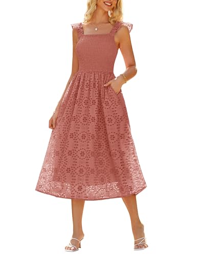 GRACE KARIN Damen Lang Kleid Frühling Lässiges Lightweight Hollow Rüschen Midi Kleid XL Rosa von GRACE KARIN