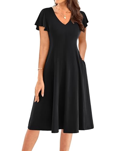 GRACE KARIN Sommerkleid Damen Lang Kuzarm V-Ausschnitt Festliche Kleider Für Hochzeit Midikleid mit Taschen Business Büro Schwarz S von GRACE KARIN