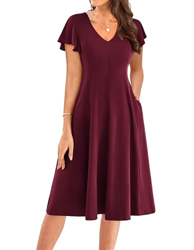GRACE KARIN Sommerkleid Damen Lang V-Ausschnitt Einfarbige Kleider Damen Festlich Elegant Hochzeitskleid Gast mit Taschen Dunkelrot XXL von GRACE KARIN
