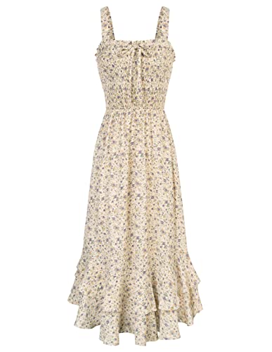 GRACE KARIN Sommerkleid Damen Leicht Geblümt Kleid Casual Freizeitkleid Böhmisch Maxikleid Strandkleider Ärmellos Cocktailkleid 2XL Beige-Lila Blume von GRACE KARIN