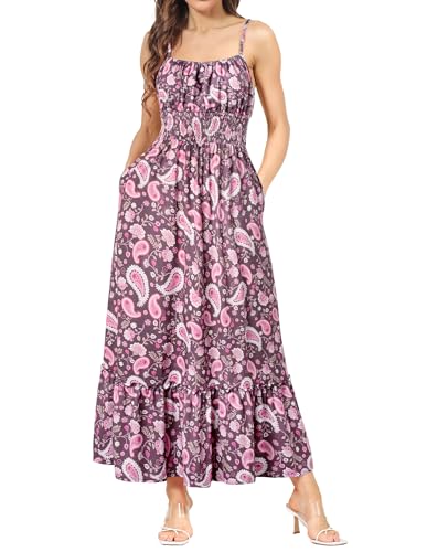 Sommerkleid Damen Lang Maxikleid Ärmellos Blumenkleid Casual Cami-Kleid Boho Kleid Spaghettiträger Rüschen Freizeitkleid Strandkleid Weinrot L von GRACE KARIN