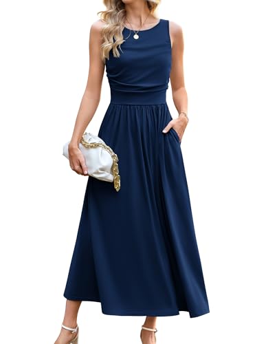 GRACE KARIN Sommerkleid Damen Rundhals Rüschen Tank Top Maxi Party Kleid Casual Hochzeit Boho Strandkleid Marineblau XXL von GRACE KARIN