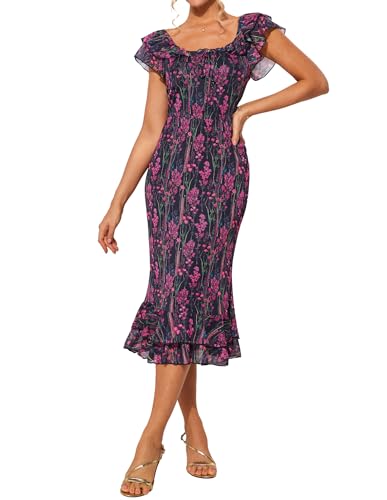 GRACE KARIN Sommerkleid für Damen U-Ausschnitt Legeres Kleid Fischschwanzkleid Rüschenärmelkleid Blumenkleid Strandkleid Dunkelviolett-Rosarote Blumen M von GRACE KARIN