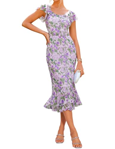 GRACE KARIN Sommerkleid für Damen U-Ausschnitt Legeres Kleid Fischschwanzkleid Rüschenärmelkleid Blumenkleid Strandkleid Hellviolette Blumen M von GRACE KARIN