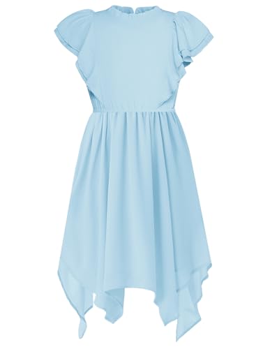 GRACE KARIN Sommerkleid für Kinder Doppelte Rüschenärmel Gerüscht Rundhalsausschnitt A-Linie Lässiges Kleid für Partys Hellblau 8 Jahre von GRACE KARIN