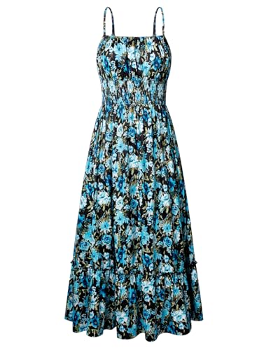 Strandkleid Damen Ärmellos Blumenkleid Maxikleid Casual Cami-Kleid Boho Kleid Spaghettiträger Smocked Cocktailkleid Sommerkleid Schwarz Blaue Blume XL von GRACE KARIN