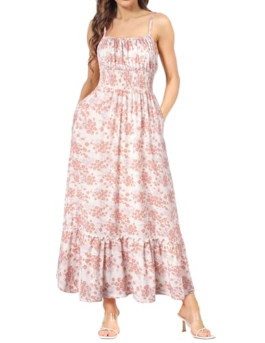 Strandkleid Damen Ärmellos Blumenkleid Maxikleid Casual Cami-Kleid Boho Kleid Spaghettiträger Smocked Cocktailkleid Sommerkleid Beige Orange Blumen XL von GRACE KARIN