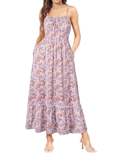 Strandkleid Damen Ärmellos Blumenkleid Maxikleid Casual Cami-Kleid Boho Kleid Spaghettiträger Smocked Cocktailkleid Sommerkleid Braun Lila Blumen XL von GRACE KARIN