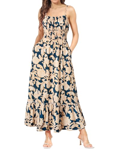 Strandkleid Damen Ärmellos Blumenkleid Maxikleid Casual Cami-Kleid Boho Kleid Spaghettiträger Smocked Cocktailkleid Sommerkleid Marineblau Weiße Blumen XL von GRACE KARIN