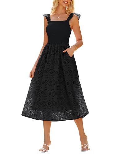 Damen Sommer Strandkleid Leicht Swing mit Rüschen Einfarbig Lang Kleid S Schwarz von GRACE KARIN