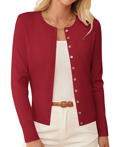 GRACE KARIN Strickjacke 2025 Damen Casual Open Front Leichte Cardigan Basic Slod Farbe Bolero Rot S von GRACE KARIN
