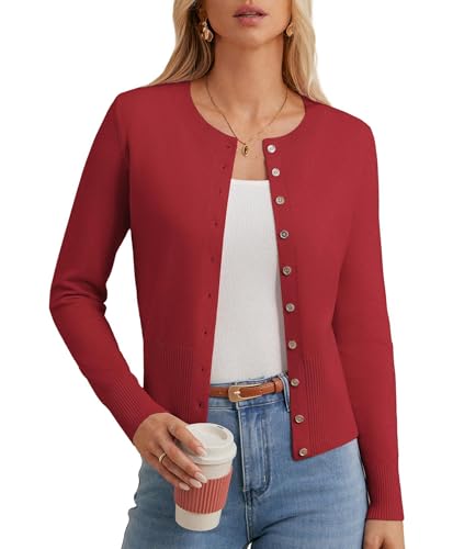 GRACE KARIN Strickjacke 2025 Damen Casual Open Front Leichte Cardigan Basic Slod Farbe Bolero Rot XL von GRACE KARIN