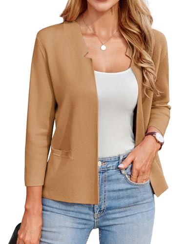 GRACE KARIN Strickjacke Damen 3/4-Ärmel Open Front Bolero Damen Festlich mit Tasche Business Jacke Blazer Braun M von GRACE KARIN