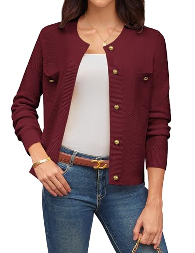 GRACE KARIN Strickjacke Damen Elegant Rundhals Langarm Cardigan Festlich Sommerjacke mit Knöpfe CL309-04/Dunkelrot S von GRACE KARIN