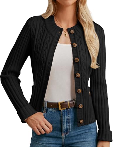 GRACE KARIN Strickjacke Damen Elegant Stehkragen Langarm Slim Fit Herbst Winter Jacke Damen mit Knöpf Schwarz L von GRACE KARIN