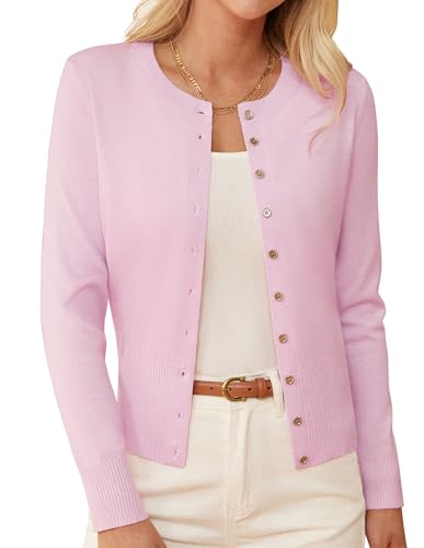GRACE KARIN Strickjacke Damen Langarm Rundhals Open Front Leichte Cardigan Basic Boleros Rosa XXL von GRACE KARIN