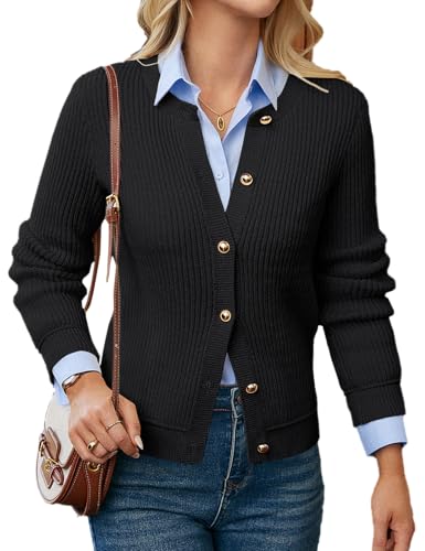 GRACE KARIN Strickjacke Damen Sommer Rundhals Knöpfen Dünne Jacke Damen Herbst Elegant Bolero Damen Festlich Schwarz L von GRACE KARIN