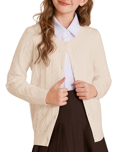 GRACE KARIN Strickjacke Mädchen Basic Kinder Cardigan Lange Ärmel Bolero Shrug für Kinder Beige 6-7 Jahre von GRACE KARIN