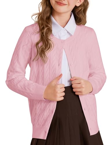GRACE KARIN Strickjacke Mädchen Basic Kinder Cardigan Lange Ärmel Bolero Shrug für Kinder Rosa 10-11 Jahre von GRACE KARIN