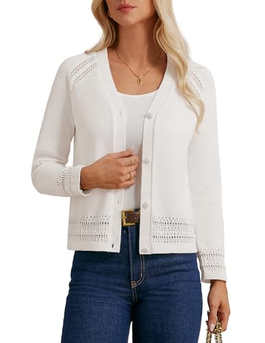 GRACE KARIN Strickjacke Weiß Einfarbig Damen Cardigan Langarm Herbst V-Ausschnitt M Weiß -3 von GRACE KARIN