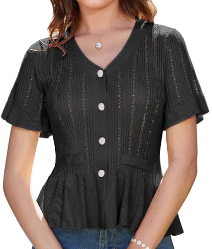 GRACE KARIN Strickjacke für Damen Sommer Lässig Kurzärmelig V-Ausschnitt Knopfleiste Strickjacke Taille Gerüschter Saum Strickjacke Elegant Schwarz XL von GRACE KARIN