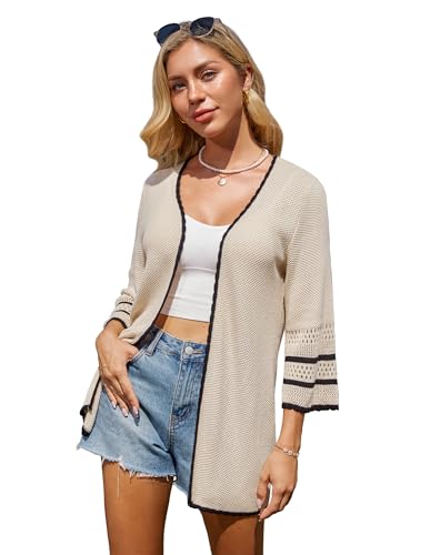 GRACE KARIN Strickjacken Damen 3/4 Arm Sommer Strand Dünn Strickjacke Leicht Open Front Cardigan Cover up Beige L von GRACE KARIN