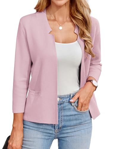 GRACE KARIN Strickjacken für Damen Elegant Open Front 3/4 Arm Blazer Jacke Damen Festlich mit Taschen Rosa M von GRACE KARIN