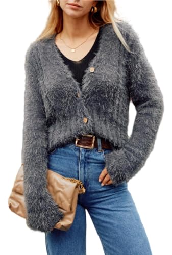 GRACE KARIN Strickjacken für Damen V-Neck Cardigan Knopfleiste Weich Elastisch Bequem Herbst Winter Strickpullover Gemütlich Elegant Casual Schulterjacke Top von GRACE KARIN