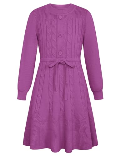 Strickkleid Weiß Mädchen Rundhals Pullover Kleid Herbst Winter Partykleid Freizeit Kleid 6-7 Jahre/Violett Rosa -4 von GRACE KARIN
