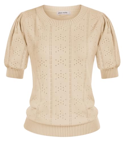 GRACE KARIN Strickpulli Damen Sweater Damen Sommer Casual Aprikose Strickpullover CL2113-11 L von GRACE KARIN