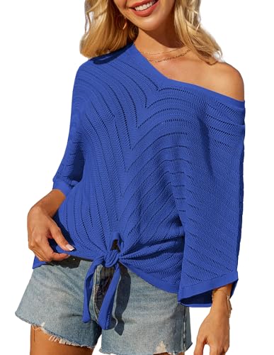 GRACE KARIN Strickpullover mit Lochmuster für Damen süße Sommeroutfits Oberteile Häkel-Strandmode V-Ausschnitt Fledermausärmel Saphir S von GRACE KARIN