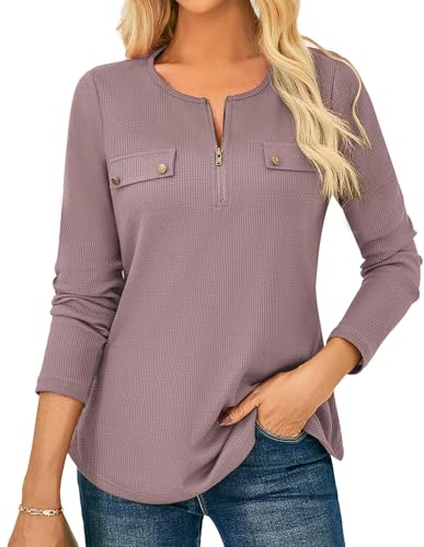 Bluse Damen Herbst Rundhals Zip-up Waffel Oberteile Damen Winter Einfarbig Tunika Tops Grau Lila M von GRACE KARIN