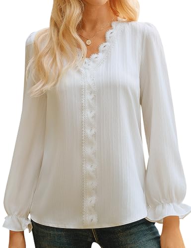 GRACE KARIN Top Damen V-Ausschnitt Bluse Langarm Damen Herbst Winter Festlich Spitze Oberteil Weiß XXL von GRACE KARIN