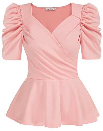 GRACE KARIN Top für Damen, kurze Puffärmel, V-Ausschnitt, Rüschensaum, Schößchen-Top, rose, XX-Large von GRACE KARIN