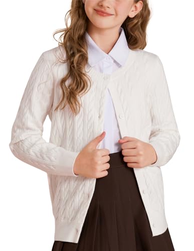 GRACE KARIN Warmer Strickjacke Mädchen Langarm Rundhals Basic Kinder Cardigan mit Knöpfen Weiß 8-9 Jahre von GRACE KARIN