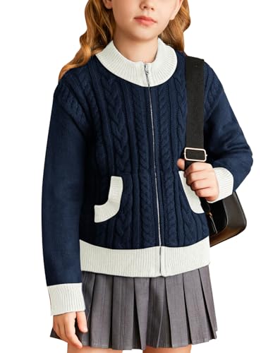 GRACE KARIN Winter Casual Cardigan für Mädchen Langarm Strickjacke Kontrastfarbe mit Reißverschluss Marineblau-Weiß 7 Jahre von GRACE KARIN