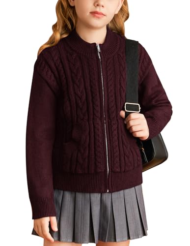 GRACE KARIN Winter Casual Cardigan für Mädchen Langarm Strickjacke mit Reißverschluss Dunkel Weinrot 7 Jahre von GRACE KARIN