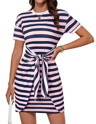 GRACE KARIN Women Casual Rundhals Kurzarm Bodycon Kleid Sommer Streifen Freizeitkleid Mini Strandkleid Rosa-Blaue Streifen XL von GRACE KARIN