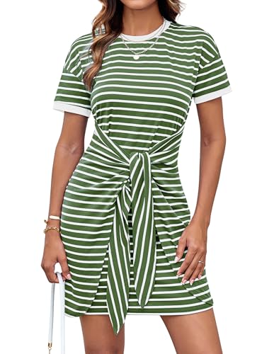 GRACE KARIN Women Elegant Kurzarm Bodycon Kleid Casual Streifen Sommerkleid Rundhals Minikleid Weiße-grüne Streifen L von GRACE KARIN