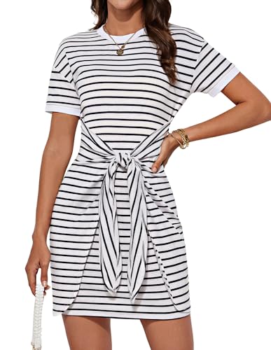 GRACE KARIN Women Elegant Kurzarm Sommerkleid Casual Rundhals Mini Kleid Streifen Freizeitkleid Weiß-dunkelblaue Streifen S von GRACE KARIN
