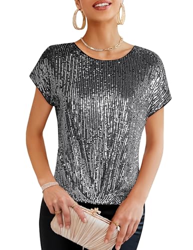 GRACE KARIN Women Elegant Sparkle Shimmer Bluse Festlich Weihnachten Solide Farbe Locker Passform Oberteil Club Hochzeit Silber-Schwarz L von GRACE KARIN